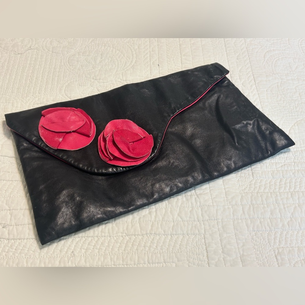 Buttery Soft Leather Black Clutch with Pink Floral Accents